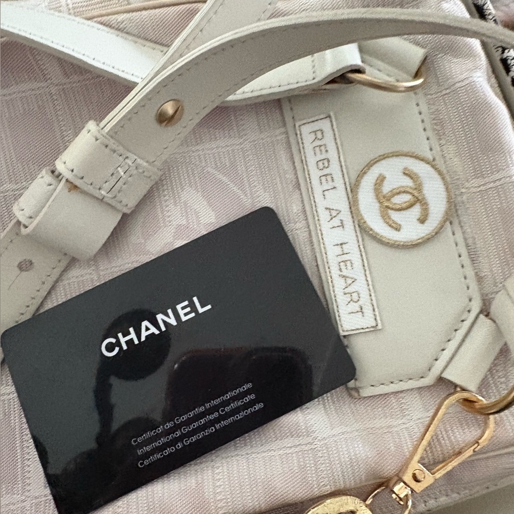 Chanel made in France silk logos white mini crossbody about 9” high w auth card